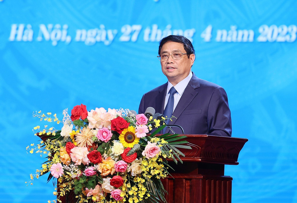 Thủ tướng Phạm Minh Chính phát biểu tại Lễ phát động Tháng công nhân năm 2023. (Ảnh: Dương Giang/TTXVN)