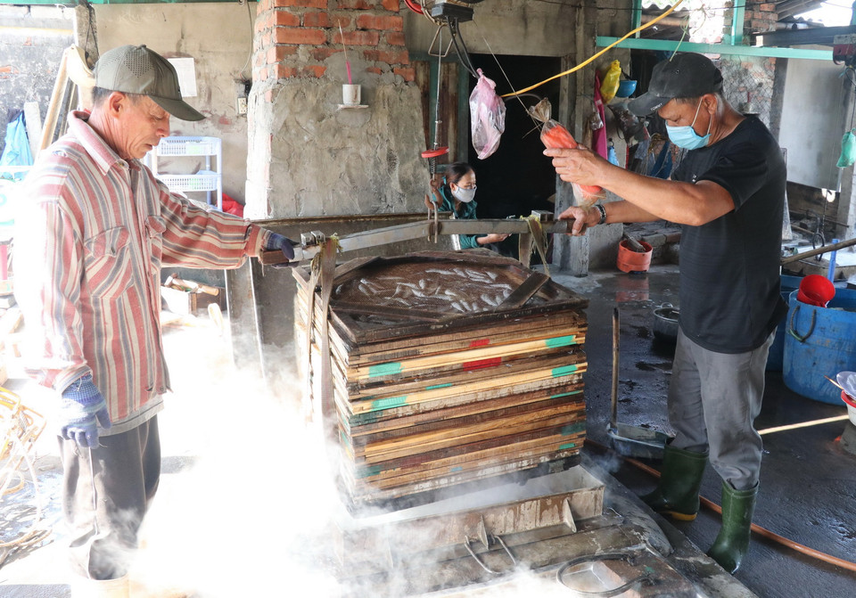 Đưa những vỉ cá nục vào lò hấp. (Ảnh: Nguyên Lý/TTXVN)