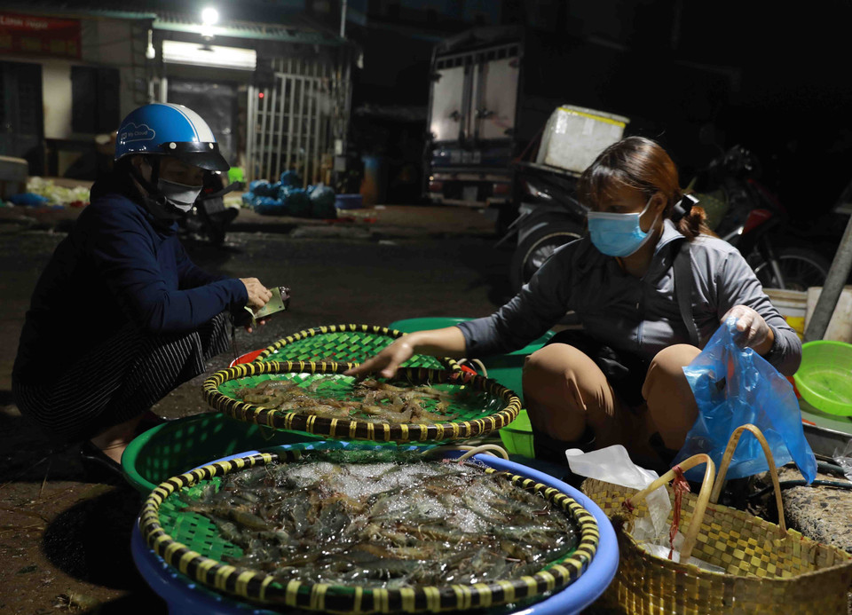 Giá một số loại thủy sản trong sáng 30/8 ở chợ đầu mối Minh Khai không tăng so với trước đây. (Ảnh: Vũ Sinh/TTXVN)