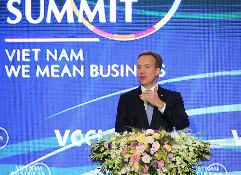 Chủ tịch Diễn đàn Kinh tế thế giới (WEF) Borge Brende phát biểu tại hội nghị VBS 2018. (Ảnh: Lâm Khánh/TTXVN)