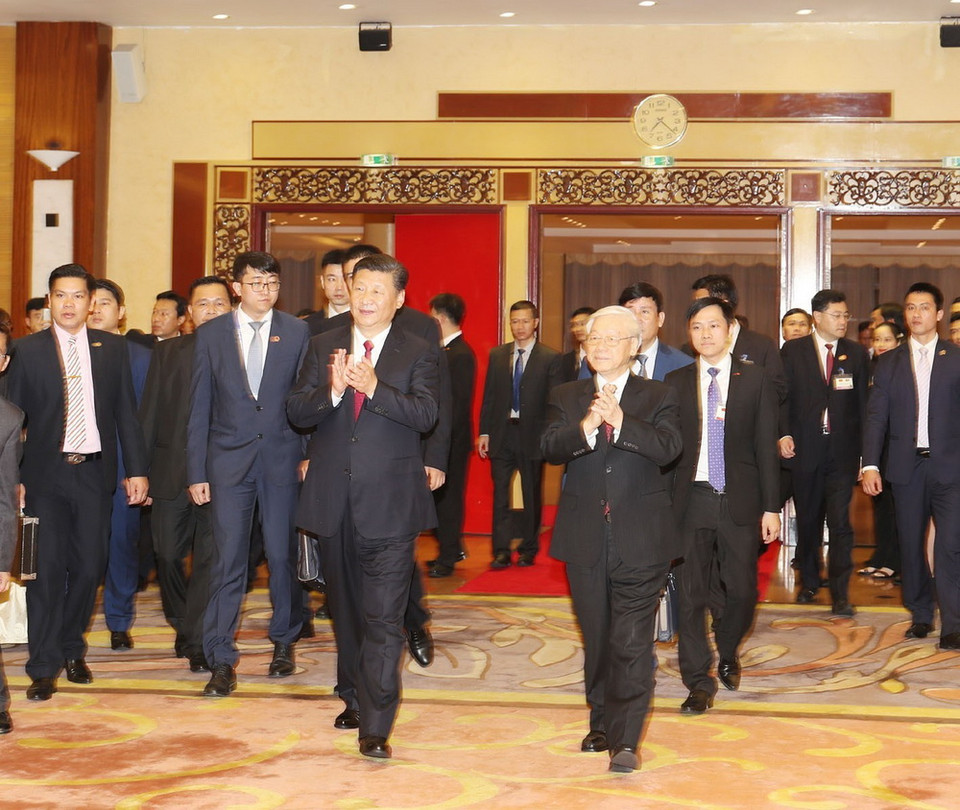 Tổng Bí thư Nguyễn Phú Trọng và Tổng Bí thư, Chủ tịch Trung Quốc Tập Cận Bình đến dự chiêu đãi. (Ảnh: Trí Dũng/TTXVN)