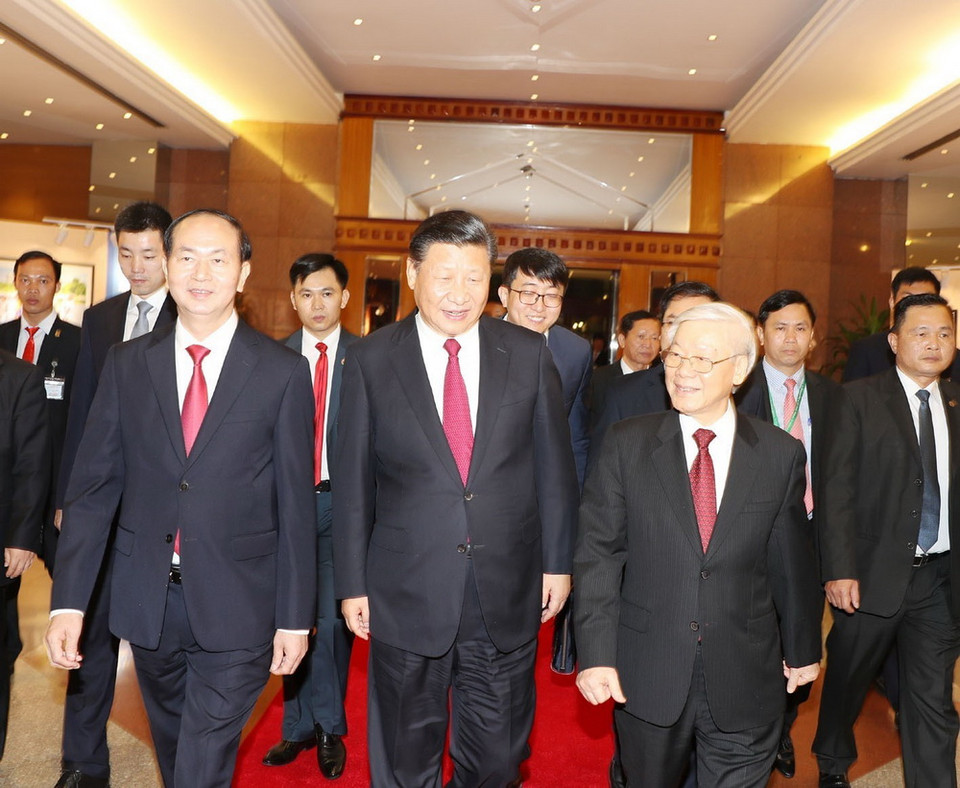 Tổng Bí thư Nguyễn Phú Trọng và Chủ tịch nước Trần Đại Quang cùng Tổng Bí thư, Chủ tịch Trung Quốc Tập Cận Bình. (Ảnh: Trí Dũng/TTXVN)