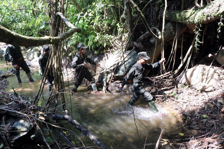Đội tuần tra bảo vệ rừng phải đi nhiều ngày mới đến được vùng lõi của khu bảo tồn. (Ảnh: Đỗ Trưởng/TTXVN)
