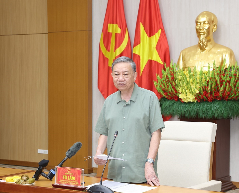 Tổng Bí thư, Chủ tịch nước Tô Lâm phát biểu tại cuộc làm việc với Ban Thường vụ Tỉnh ủy Phú Thọ. (Ảnh: Trí Dũng/TTXVN)