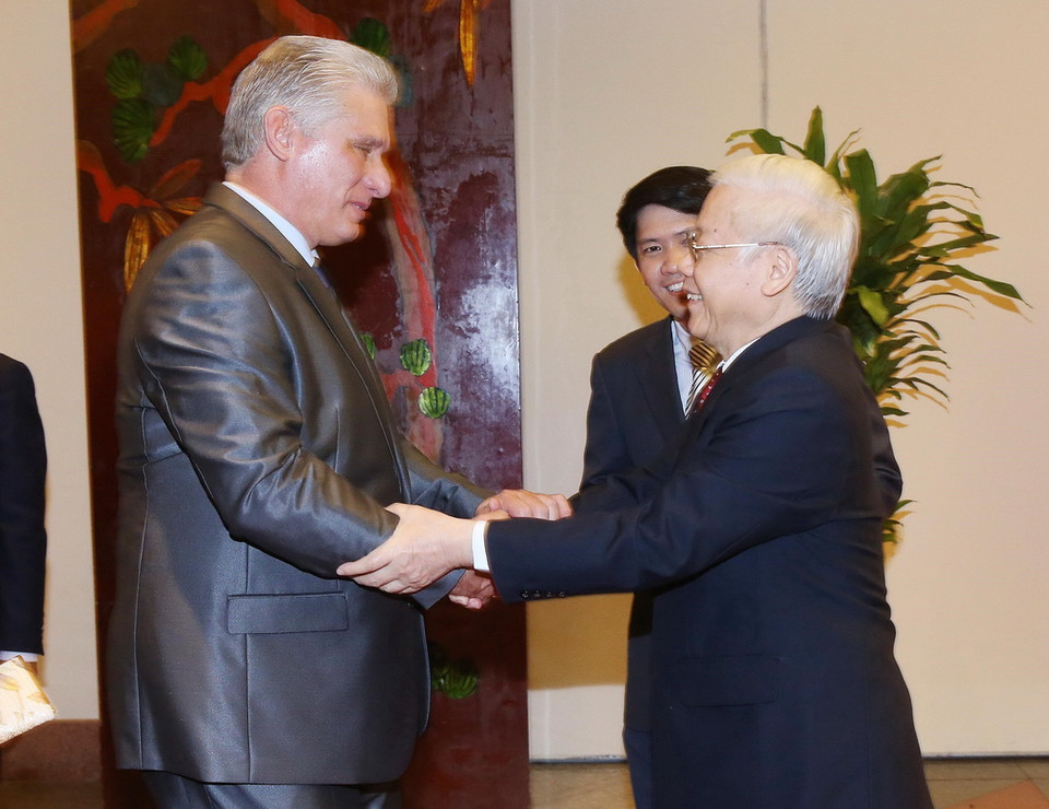 Tổng Bí thư, Chủ tịch nước Nguyễn Phú Trọng đón Chủ tịch Hội đồng Nhà nước và Hội đồng Bộ trưởng Cuba Miguel Mario-Diáz Canel Bermúdez dự tiệc chiêu đãi. (Ảnh: Lâm Khánh/TTXVN)