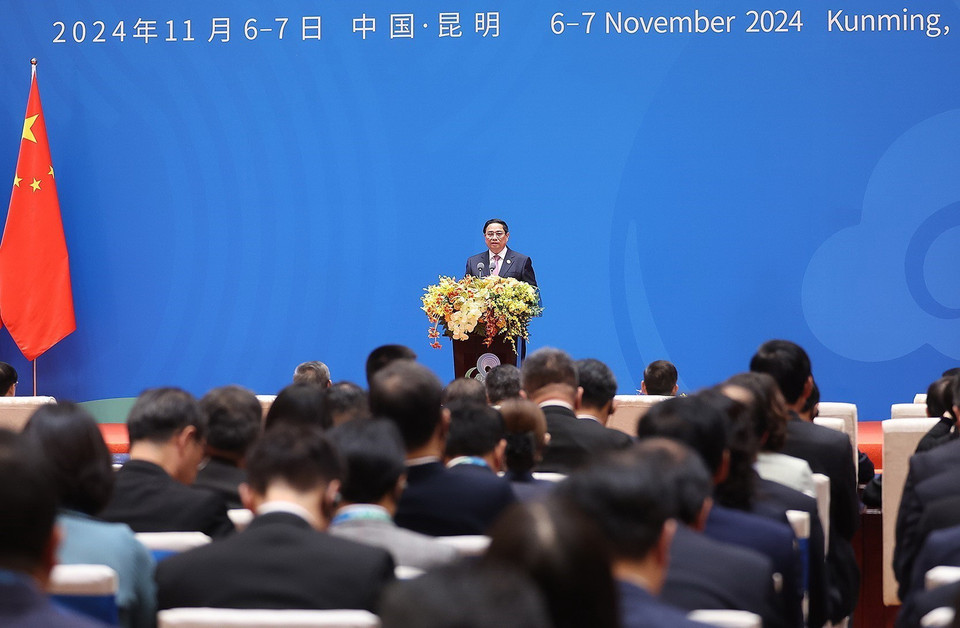 Thủ tướng Phạm Minh Chính phát biểu tại Phiên toàn thể Hội nghị GMS mở rộng lần thứ 8. (Ảnh: Dương Giang/TTXVN)