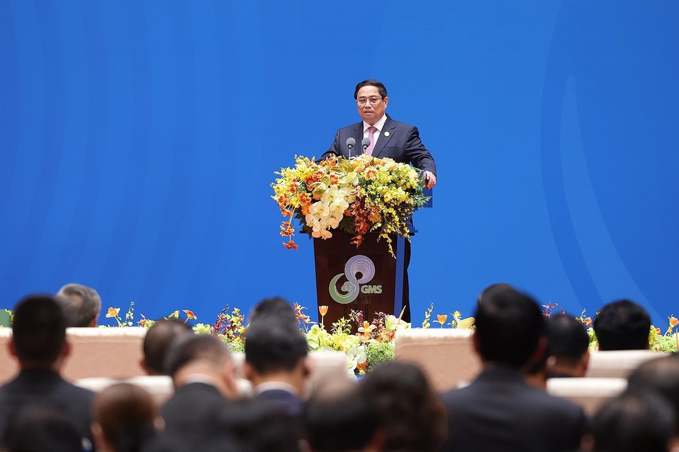 Thủ tướng Phạm Minh Chính phát biểu tại Phiên toàn thể Hội nghị GMS mở rộng lần thứ 8. (Ảnh: Dương Giang/TTXVN)