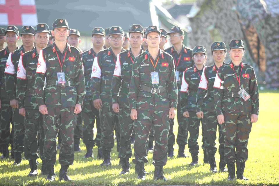 Cán bộ, chiến sỹ Quân đội Nhân dân Việt Nam tại sự kiện khai mạc diễn tập chung giữa quân đội 3 nước Campuchia-Lào-Việt Nam. (Ảnh: Huỳnh Thảo/TTXVN)