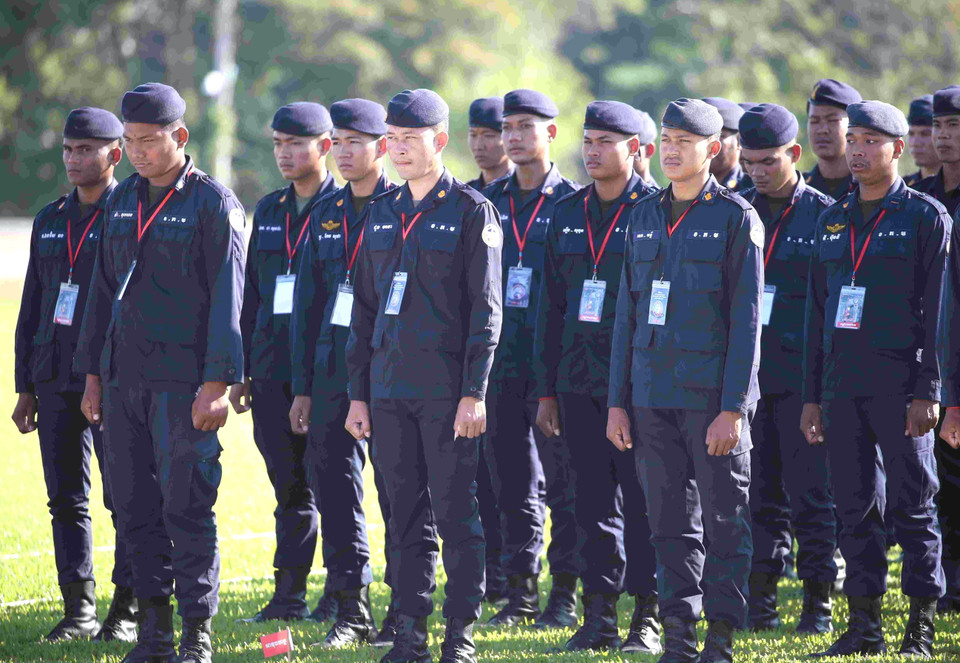 Binh sỹ Quân đội Hoàng gia Campuchia tại sự kiện khai mạc diễn tập chung giữa quân đội 3 nước Campuchia-Lào-Việt Nam. (Ảnh: Huỳnh Thảo/TTXVN)