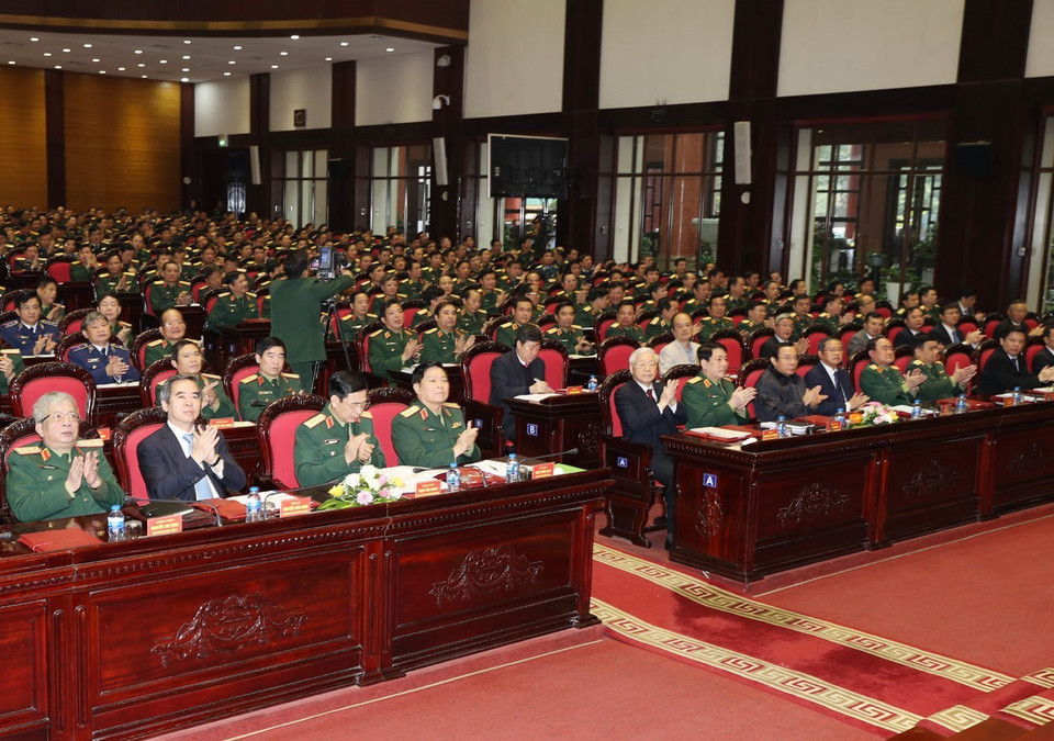 Tổng Bí thư, Chủ tịch nước Nguyễn Phú Trọng, Bí thư Quân ủy Trung ương và các đại biểu dự Hội nghị. (Ảnh: Trí Dũng/TTXVN)