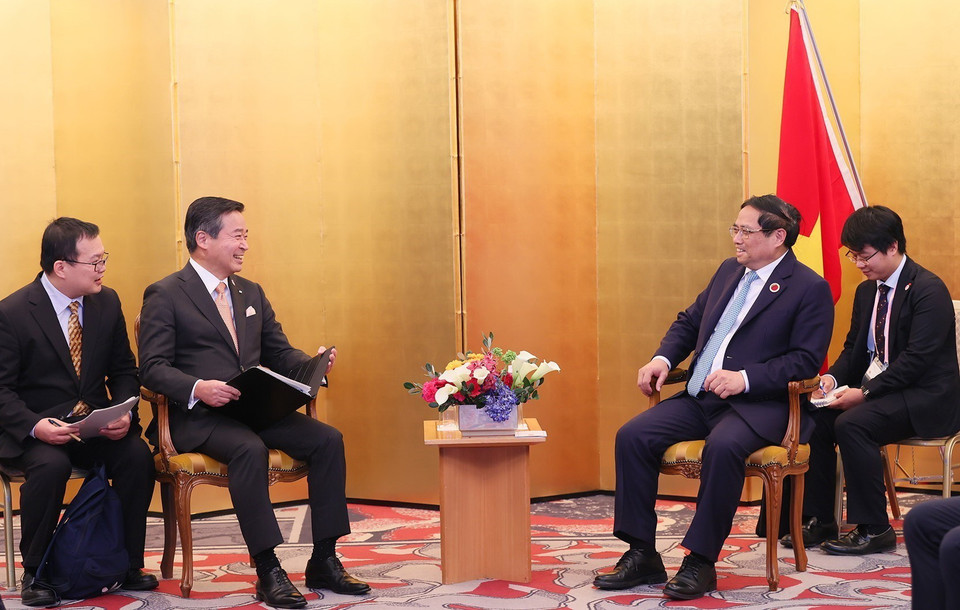 Thủ tướng Phạm Minh Chính tiếp ông Hyodo Masayuki, Chủ tịch kiêm Tổng Giám đốc Sumitomo Corporation. (Ảnh: Dương Giang/TTXVN)