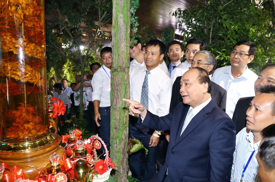 Thủ tướng Nguyễn Xuân Phúc và các đại biểu tham quan các gian hàng trưng bày sản phẩm tại triển lãm. (Ảnh: Thống Nhất/TTXVN)