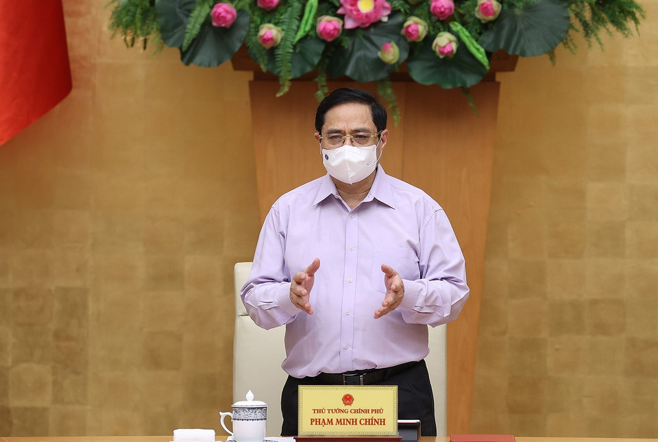 Thủ tướng Phạm Minh Chính chủ trì Hội nghị trực tuyến toàn quốc về phòng, chống dịch COVID-19. (Ảnh: Dương Giang/TTXVN)