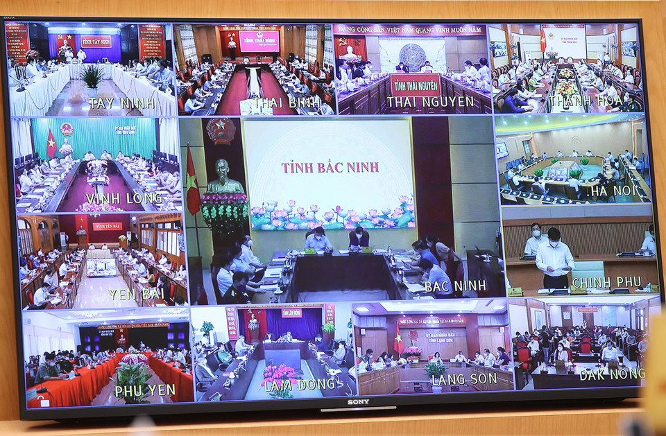 Hội nghị trực tuyến toàn quốc về tình hình, giải pháp cấp bách phòng, chống dịch COVID-19 tại các điểm cầu. (Ảnh: Dương Giang/TTXVN)