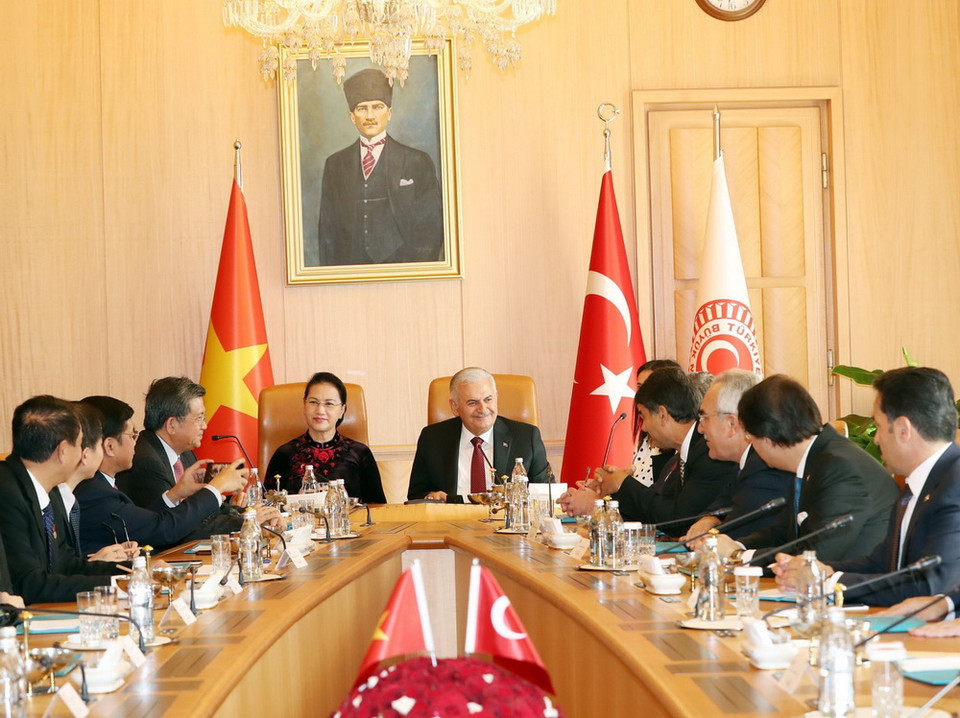 Chủ tịch Quốc hội Nguyễn Thị Kim Ngân hội đàm với Chủ tịch Quốc hội Thổ Nhĩ Kỳ Binali Yildirim. (Ảnh: Trọng Đức/TTXVN)