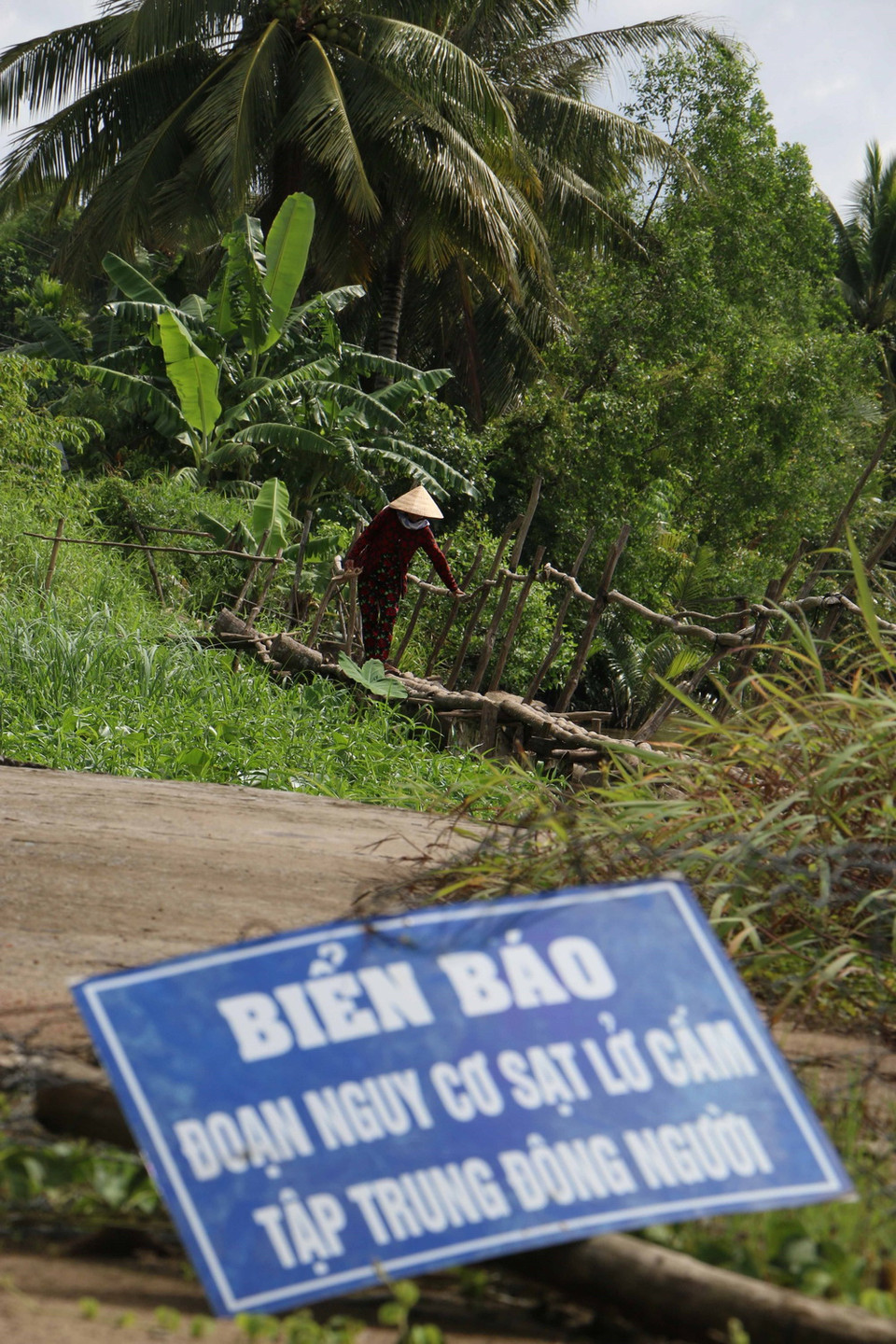 Sạt lở bờ sông Ba Láng thuộc ấp Thạnh Lợi, xã Tân phú Thạnh, huyện Châu Thành A, tỉnh Hậu Giang đã làm mất đường đi, nên người dân phải bắc cầu khỉ đi tạm. (Ảnh: Duy Khương/TTXVN)