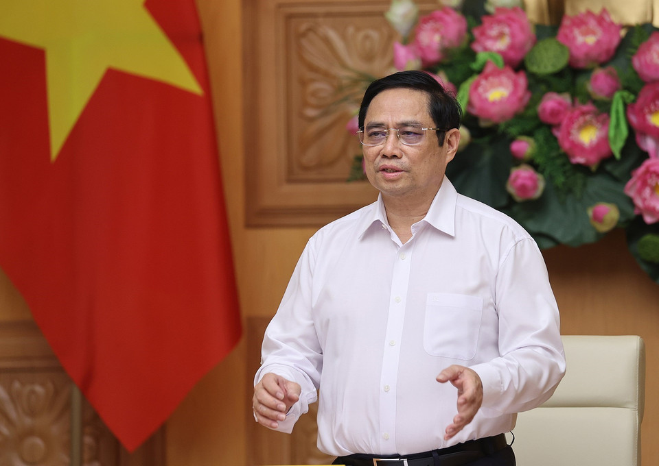 Thủ tướng Phạm Minh Chính phát biểu tại buổi gặp gỡ. (Ảnh: Dương Giang/TTXVN)