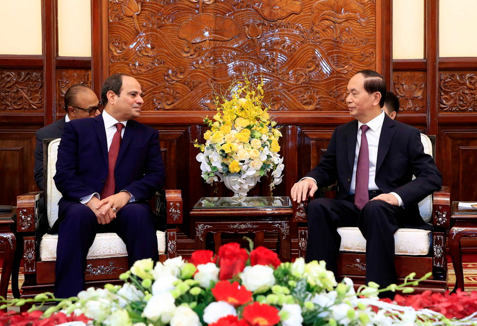 Chủ tịch nước Trần Đại Quang hội đàm hẹp với Tổng thống Abdel Fattah el-Sisi sau lễ đón. (Ảnh: Nhan Sáng/TTXVN)