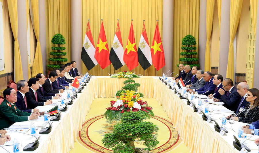 Chủ tịch nước Trần Đại Quang hội đàm với Tổng thống Abdel Fattah el-Sisi. (Ảnh: Nhan Sáng/TTXVN)