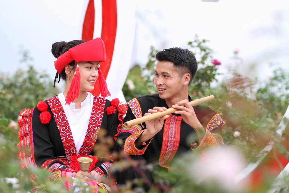 Thung lũng hoa hồng trở thành nơi hò hẹn của các đôi uyên ương. (Ảnh: Xuân Mai/Vietnam+)