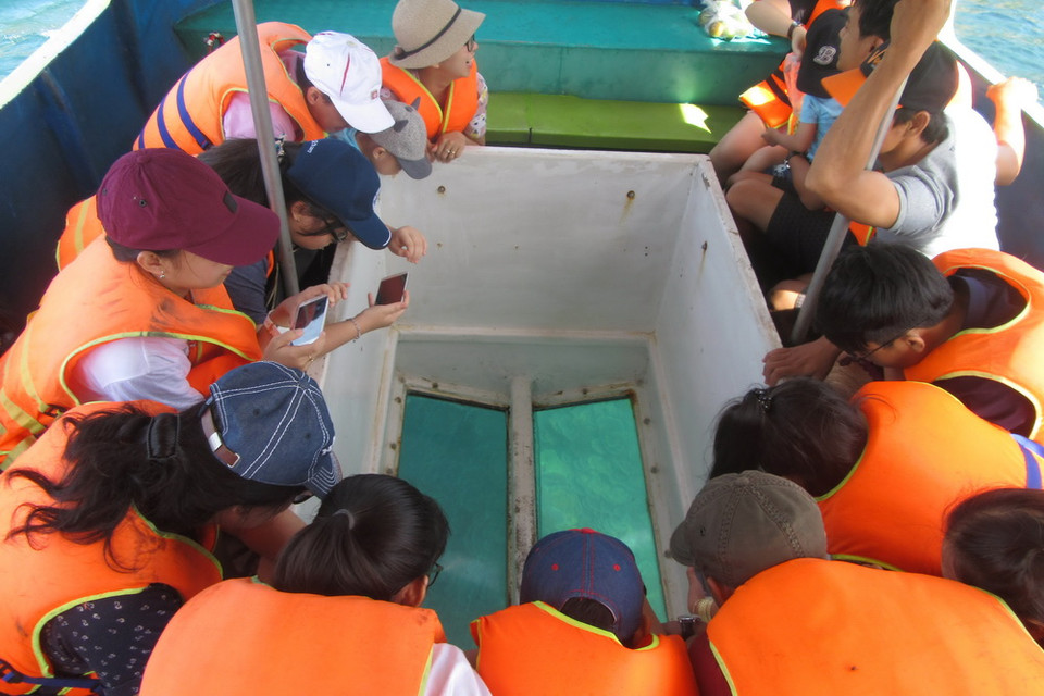 Du khách ngắm san hô qua lớp đáy kính của tàu du lịch. (Ảnh: Nguyễn Thành/TTXVN)