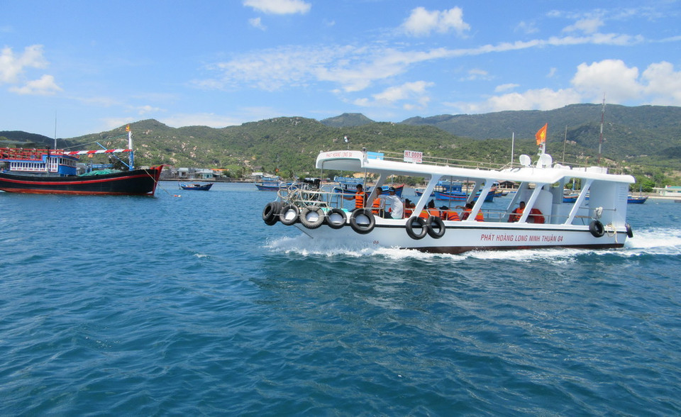 Du khách tham quan vịnh và ngắm san hô từ tàu du lịch đáy kính. (Ảnh: Nguyễn Thành/TTXVN)