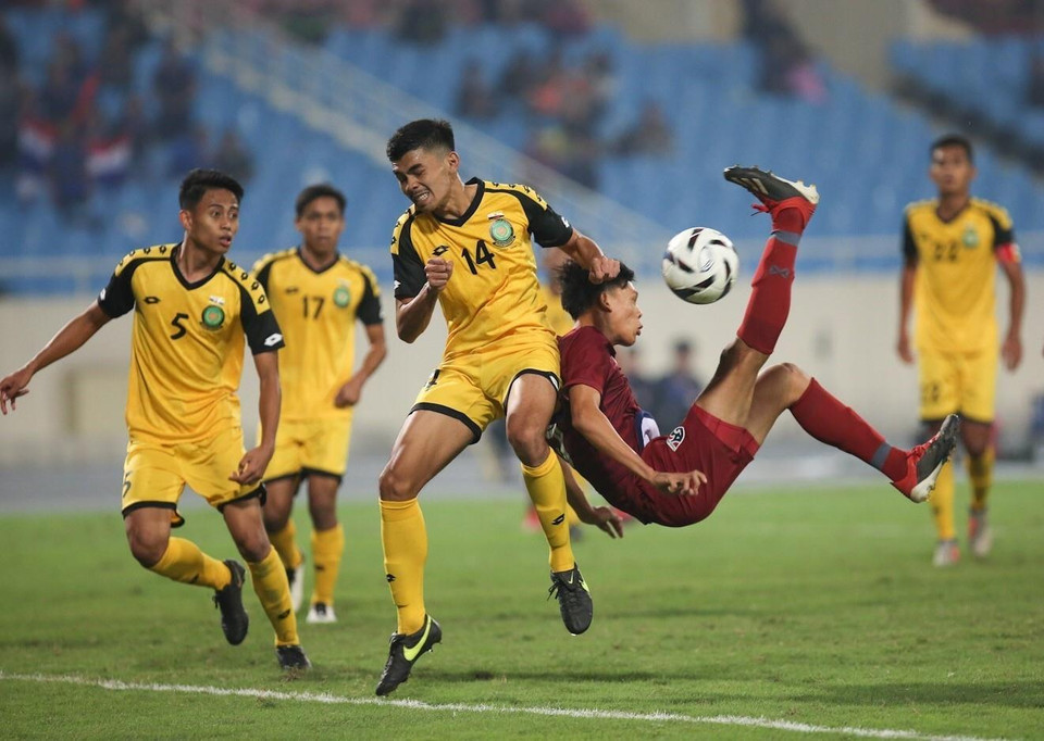 Kết thúc trận đấu đội tuyển Thái Lan giành chiến thắng với tỷ số 8-0, tạm thời đứng đầu bảng K sau lượt trận thứ 2. (Ảnh: Trọng Đạt/TTXVN)