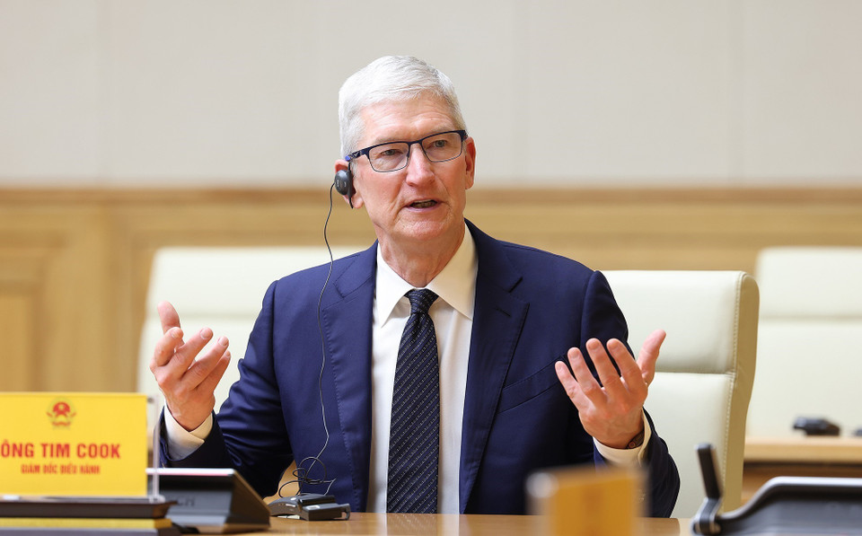 Giám đốc điều hành Tập đoàn Apple Tim Cook phát biểu. (Ảnh: Dương Giang/TTXVN)
