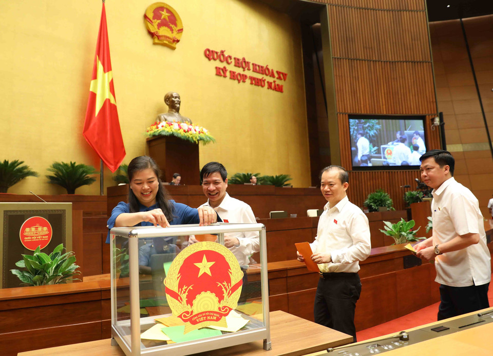 Đại biểu Quốc hội bỏ phiếu bầu chức vụ Ủy viên Ủy ban Thường vụ Quốc hội, Chủ nhiệm Ủy ban Tài chính-Ngân sách của Quốc hội và phê chuẩn bổ nhiệm Bộ trưởng Bộ Tài nguyên và Môi trường nhiệm kỳ 2021-2026. (Ảnh: An Đăng/TTXVN)