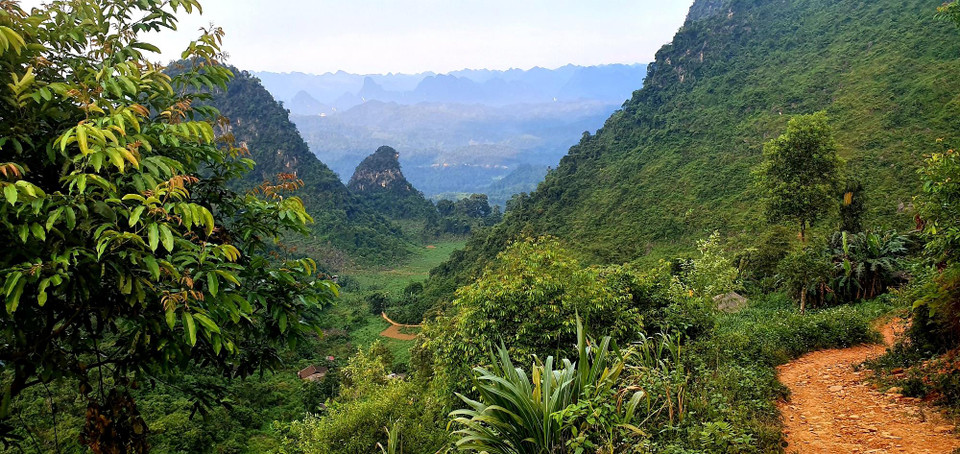Tại xóm Lũng Lìu chỉ có một con đường duy nhất kết nối 200 nhân khẩu trên núi với huyện. Con đường chỉ khoảng 2 km nhưng vô cùng khó đi. Đường nhỏ hẹp, đất đá lởm chởm, một bên là núi một bên là vực. (Ảnh: CTV/Vietnam+)
