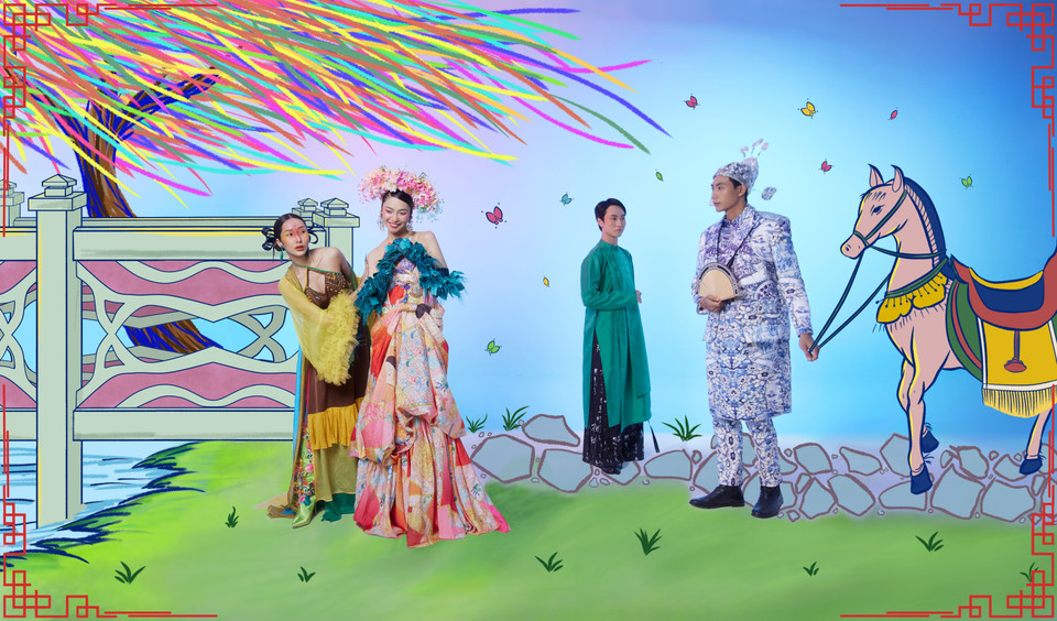 Trong bộ ảnh mới, Hoa hậu Nông Thúy Hằng đã kể lại câu chuyện tình yêu chớm nở khi lần đầu Thúy Kiều gặp Kim Trọng trong tác phẩm “Truyện Kiều” của đại thi hào Nguyễn Du. Người đẹp Hà Giang hóa thân thành Thúy Kiều trong thiết kế kết hợp chân váy dạ hội với áo yếm khoe vai thon, lưng trần quyến rũ cùng với đó là chiếc mấn được kết bằng hoa cùng găng tay đính hoa 3D độc đáo tạo nên một tổng thể mang đậm hơi thở mùa Xuân. (Ảnh: CTV/Vietnam+)