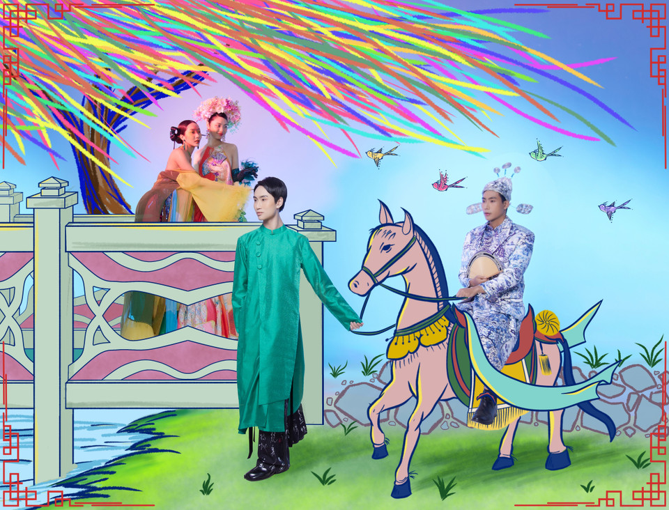 Bằng ngôn ngữ thời trang, Hoa hậu các dân tộc Việt Nam đã lột tả nét “e lệ nép vào dưới hoa,” chút rung động trong tình yêu của Thúy Kiều trước phong thái trang nhã “lưng túi gió trăng,” vẻ đẹp hào hoa, tuấn tú của Kim Trọng. (Ảnh: CTV/Vietnam+)