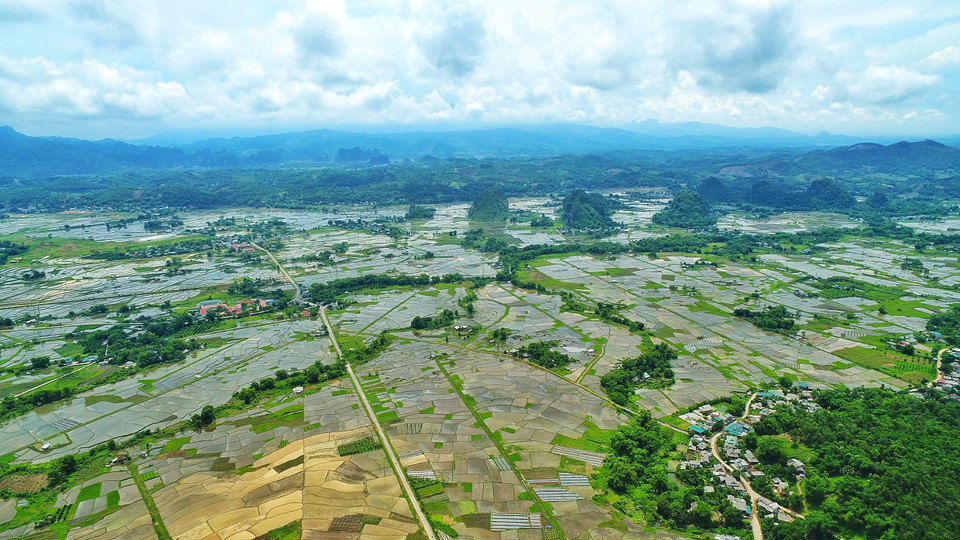 Đường lên xóm Chiến - bản người Mường thuộc xã Vân Sơn, huyện Tân Lạc, Hòa Bình quanh co, hiểm trở, 1 bên tựa vách núi cheo leo, 1 bên ôm những thửa ruộng quanh co đẹp như bức họa đồng quê thanh bình. (Ảnh: Mai Mai/Vietnam+)