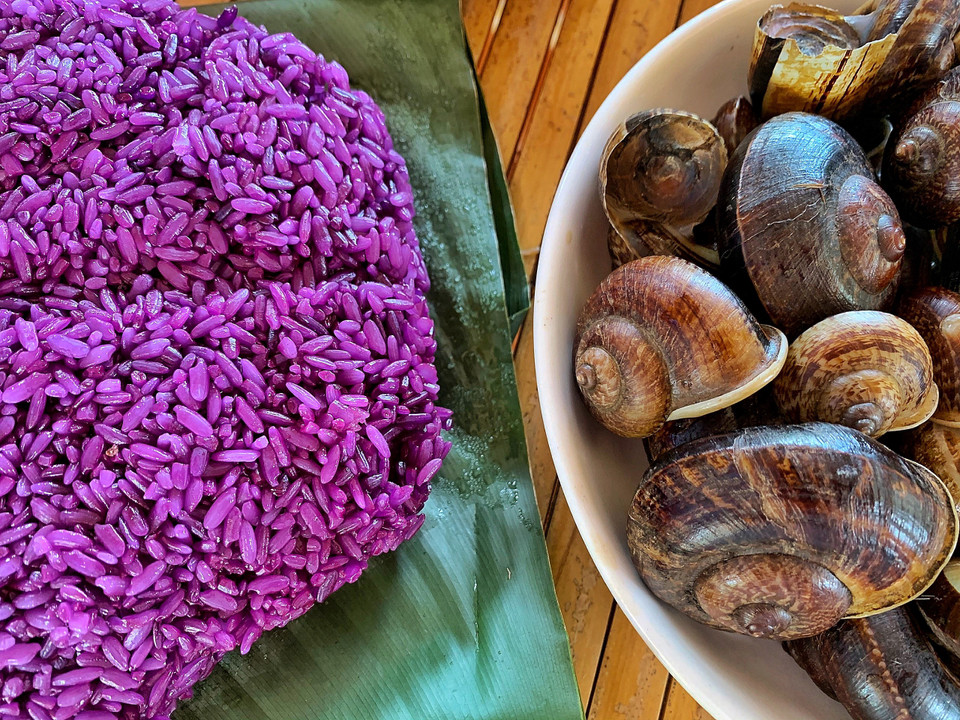 Không chỉ ốc núi đá, xôi nếp đồ có màu tím của lá cây đậm hương vị Tây Bắc cũng là món ăn không thể bỏ lỡ khi đến với vùng đất Tây tiến. (Ảnh: Mai Mai/Vietnam+)