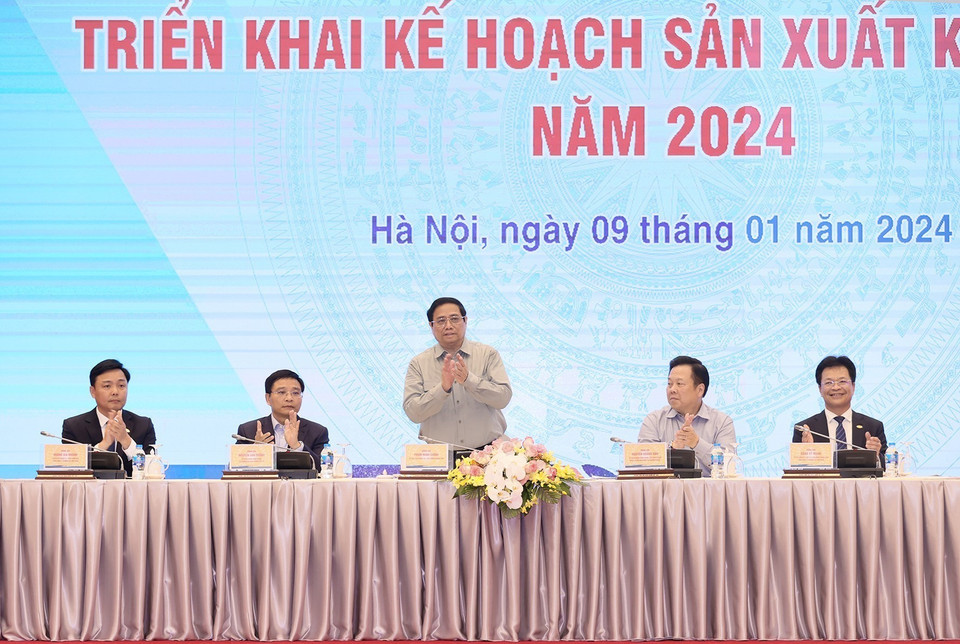 Thủ tướng Phạm Minh Chính dự Hội nghị triển khai kế hoạch kinh doanh của ngành đường sắt. (Ảnh: Dương Giang/TTXVN)