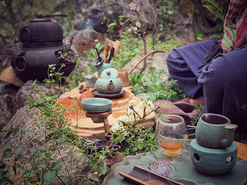 Thưởng trà dưới tán mận ngày đầu Xuân thật là thú vui cầu kỳ nhưng mang đến nhiều cảm xúc giữa chốn tiên cảnh. (Ảnh: Xuân Mai/Vietnam+)