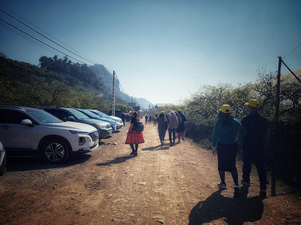 Du khách các vùng miền đổ về trải nghiệm những sắc màu rực rỡ Mộc Châu đầu Xuân. (Ảnh: Xuân Mai/Vietnam+)