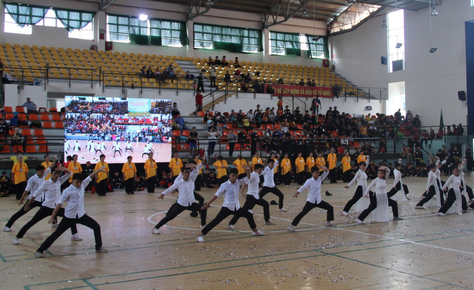 Trình diễn võ nhạc Vẻ đẹp học đường. (Ảnh: Xuân Dự/TTXVN)