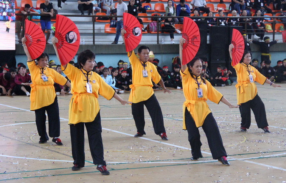 Các bậc cao niên trình diễn dưỡng sinh võ cổ truyền. (Ảnh: Xuân Dự/TTXVN)