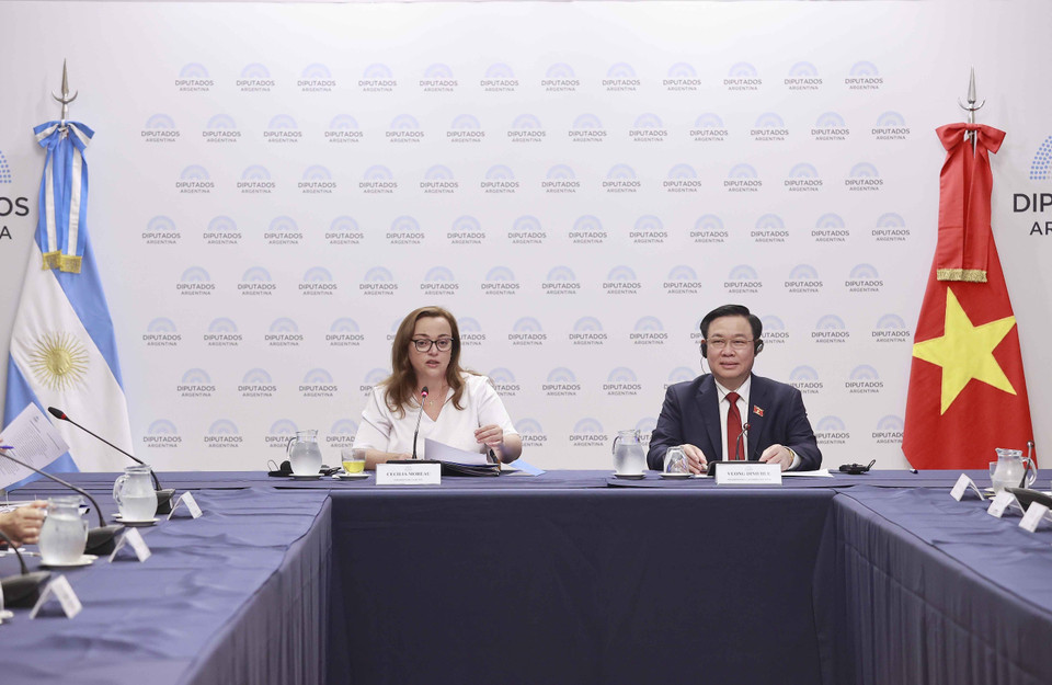 Chủ tịch Hạ viện Cộng hòa Argentina Cecilia Moreau phát biểu tại hội đàm. (Ảnh: Doãn Tấn/TTXVN)