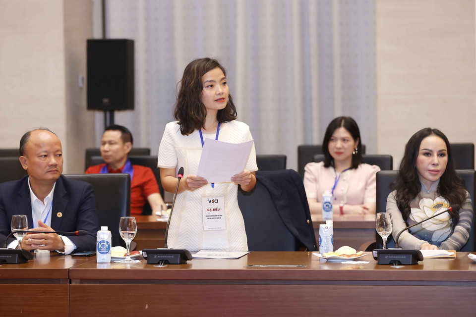 Bà Vưu Lệ Quyên, Giám đốc Điều hành Công ty Trách nhiệm hữu hạn Sản xuất hàng tiêu dùng Bình Tiên (Biti’s) phát biểu tại buổi gặp mặt. (Ảnh: Doãn Tấn/TTXVN)