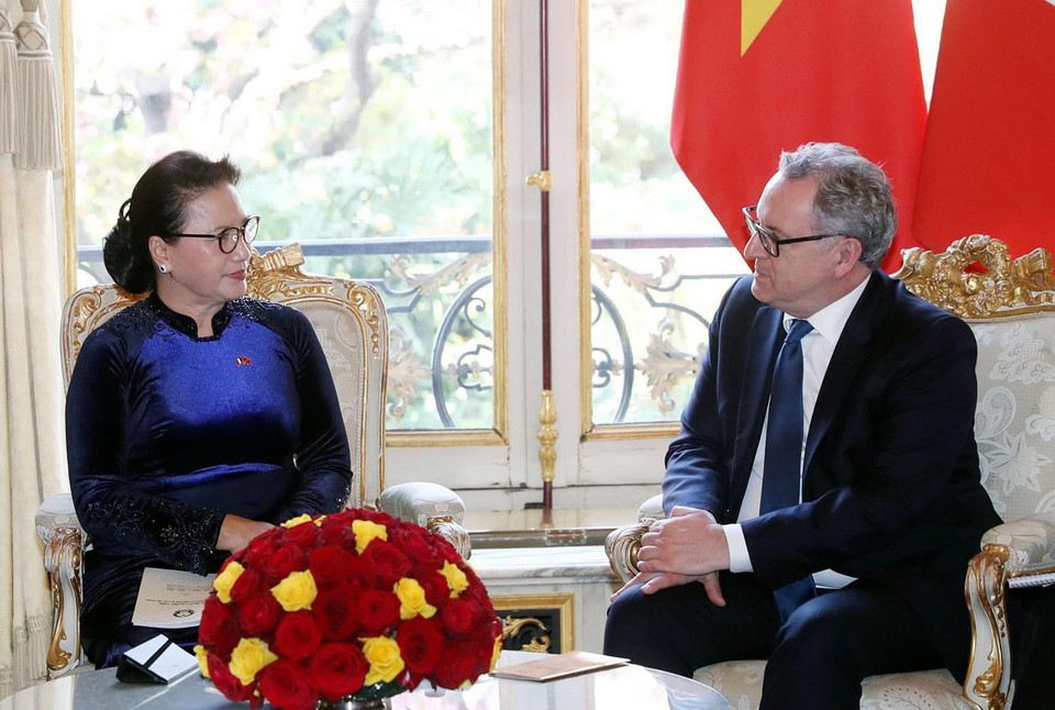 Chủ tịch Quốc hội Nguyễn Thị Kim Ngân và Chủ tịch Hạ viện Pháp Richard Ferrand hội đàm. (Ảnh: Trọng Đức/TTXVN)