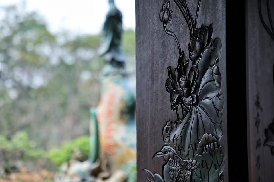 Những cánh cửa gỗ chạm khắc cầu kỳ, tinh xảo. (Ảnh: Xuân Mai/Vietnam+)