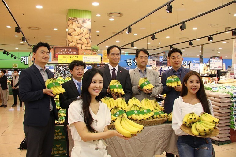 Công ty Lotte Mart phối hợp với Đại sứ quán Việt Nam tại Hàn Quốc tổ chức giới thiệu sản phẩm chuối Việt Nam phân phối tại chuỗi siêu thị Lotte trên toàn Hàn Quốc (16/6/2020). (Ảnh: Mạnh Hùng/TTXVN)