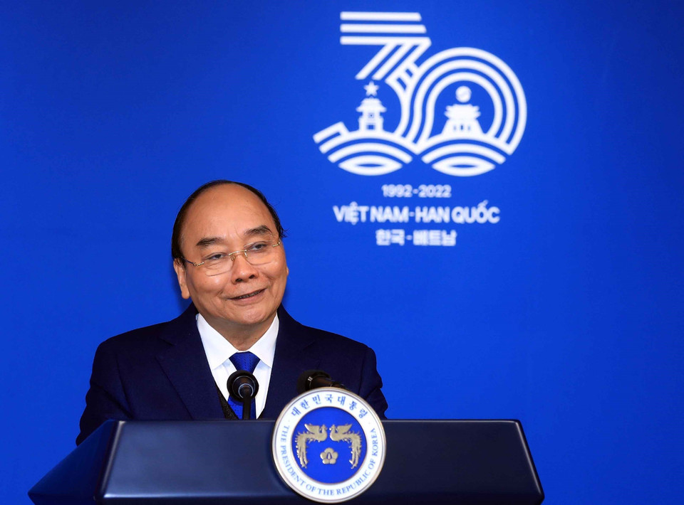 Chủ tịch nước Nguyễn Xuân Phúc phát biểu tại buổi họp báo.(Ảnh: Thống Nhất/TTXVN)