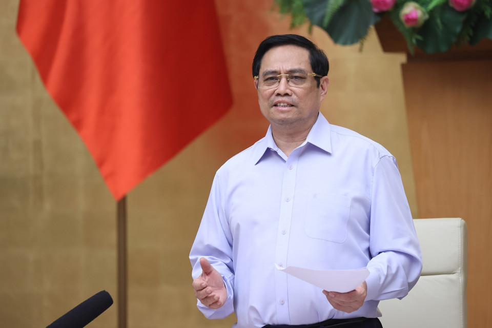 Thủ tướng Phạm Minh Chính chủ trì họp trực tuyến với 19 tỉnh, thành phố phía Nam về công tác phòng, chống dịch COVID-19. (Ảnh: Dương Giang/TTXVN)