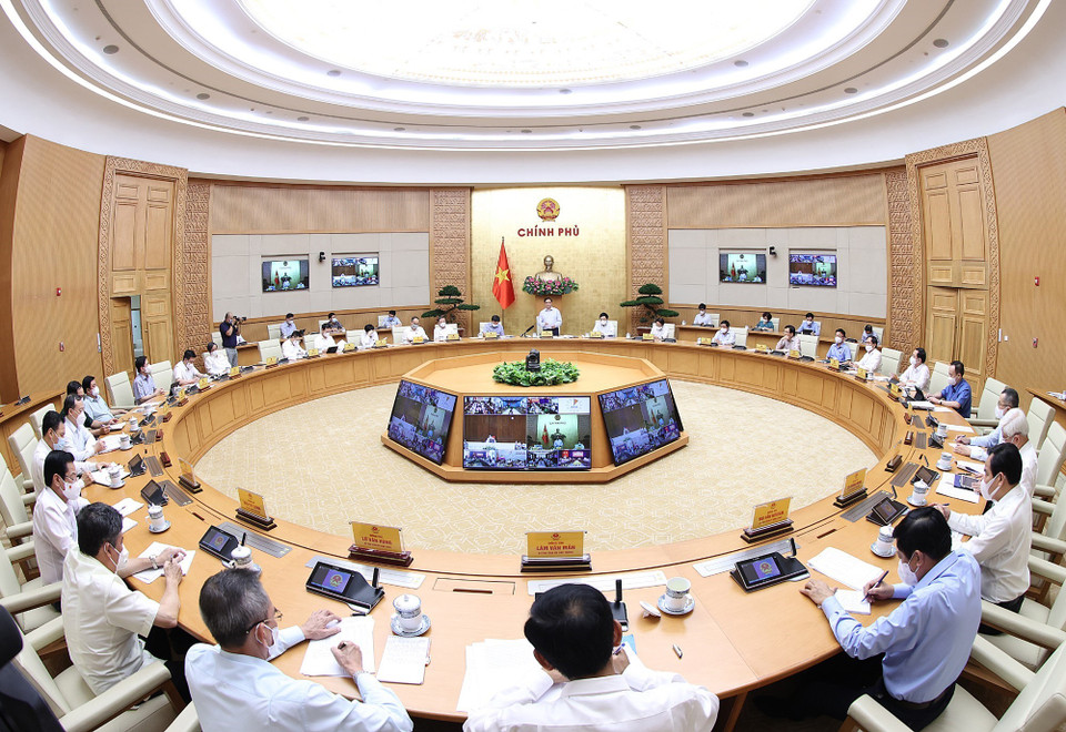 Quang cảnh cuộc họp về công tác phòng, chống dịch COVID-19 tại 19 tỉnh, thành phía Nam sau một thời gian áp dụng các biện pháp giãn cách xã hội. (Ảnh: Dương Giang/TTXVN)