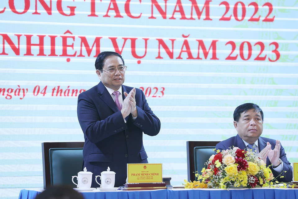Thủ tướng Phạm Minh Chính dự Hội nghị triển khai nhiệm vụ năm 2023 của Bộ Kế hoạch và Đầu tư. (Ảnh: Dương Giang/TTXVN)
