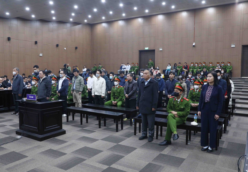 Các bị cáo nghe chủ tọa tuyên án. (Ảnh: Phạm Kiên/TTXVN)