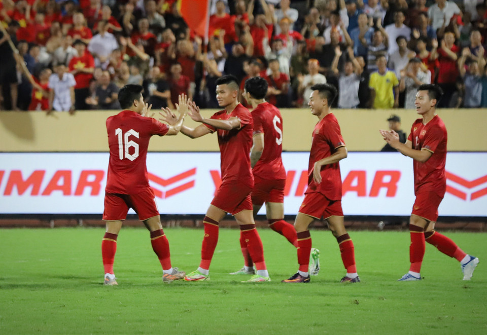 Ngay đầu hiệp 2, tiền đạo Phạm Tuấn Hải đã phá vỡ thế cân bằng của trận đấu khi ghi bàn thắng giúp Đội tuyển Việt Nam vượt lên dẫn trước Syria 1-0. (Ảnh: Hoài Nam/Vietnam+)